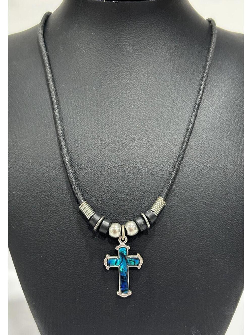Liz Clayborne retro Y2K cross necklace with blue/green pendant on black cord